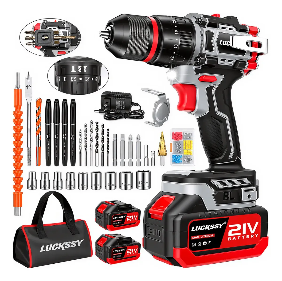 Taladro Inalámbrico LUCKSSY DWMXF220BG Percutor y Destornillador de 90 Nm, con Motor Sin Escobillas y 2 Baterías