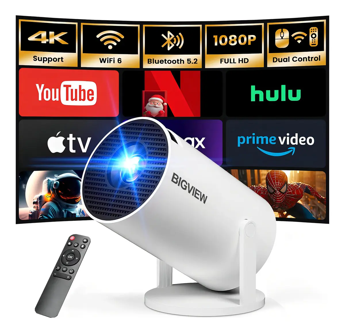 Proyector Profesional 4k 22000 Lúmenes Con Android 14 Wifi6 Smart TV 1080P Full HD Nativo Bigview, Mini Proyector Portatil Celular Ajustable De 270° Con Bluetooth 5.4, HDMI, USB, Android Y IOS