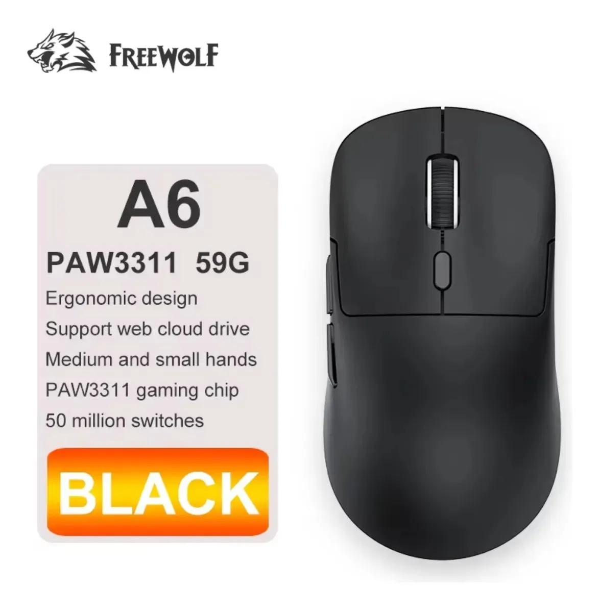 Mouse Gamer Inalámbrico Free Wolf A6, 3 Modos, 59g, RGB, 24000 DPI, Sensor PAW3311, Programable, Ratón Gamer Recargable USB-C, Negro