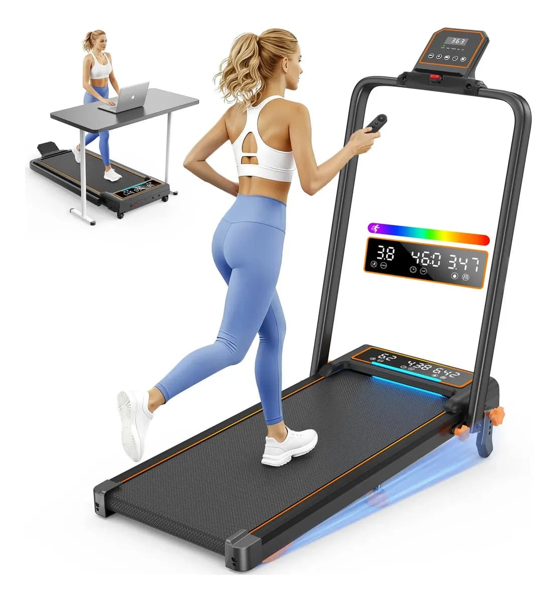 Caminadora Eléctrica Plegable 2 en 1 con Inclinación Ajustable y Luces RGB
