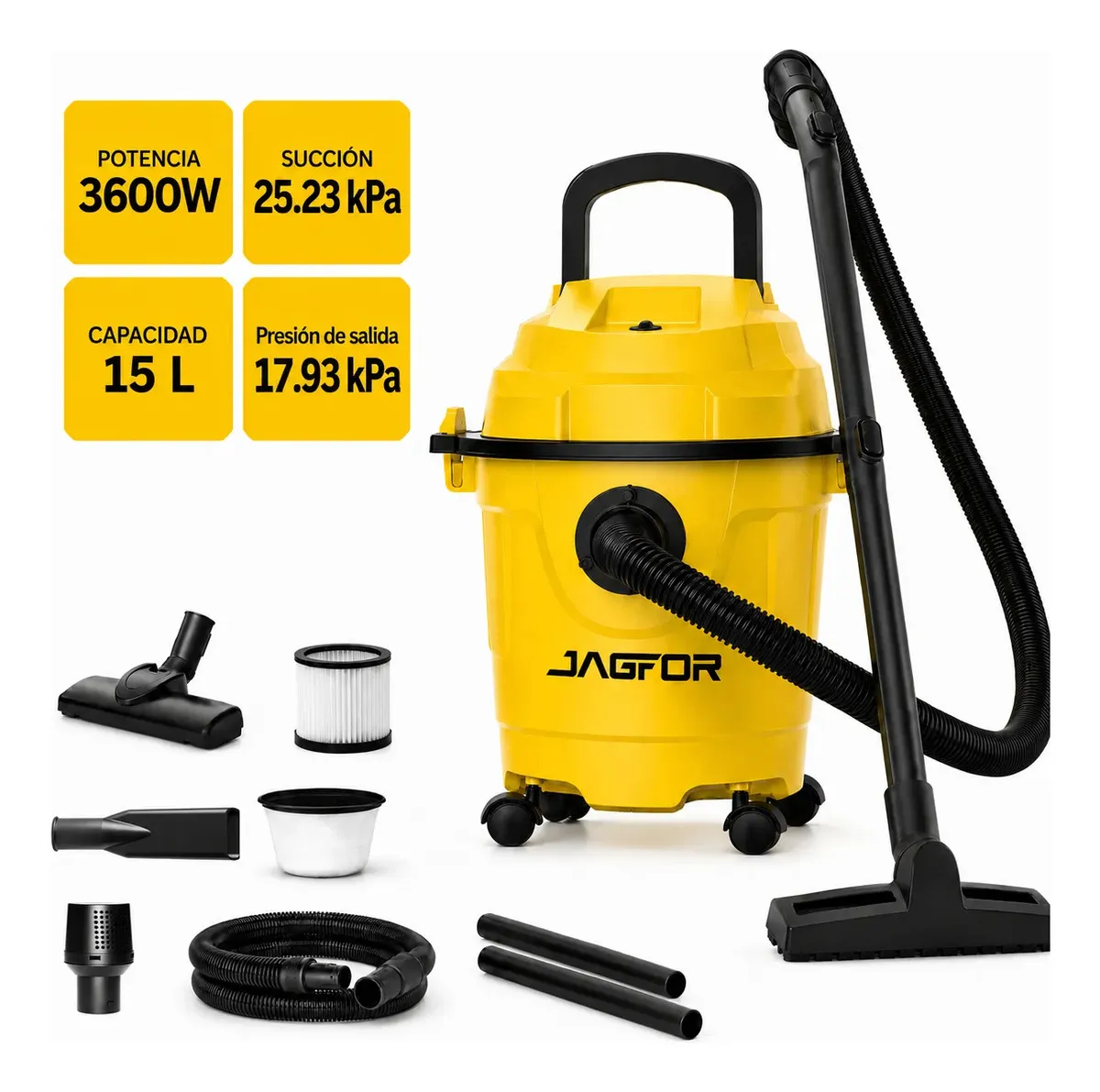 Aspiradora Seco Mojado JAGFOR 3600W Alta Succión 25 kPa con Filtro HEPA, Depósito 15L, Potente para Casa, Auto, Taller y Alfombras