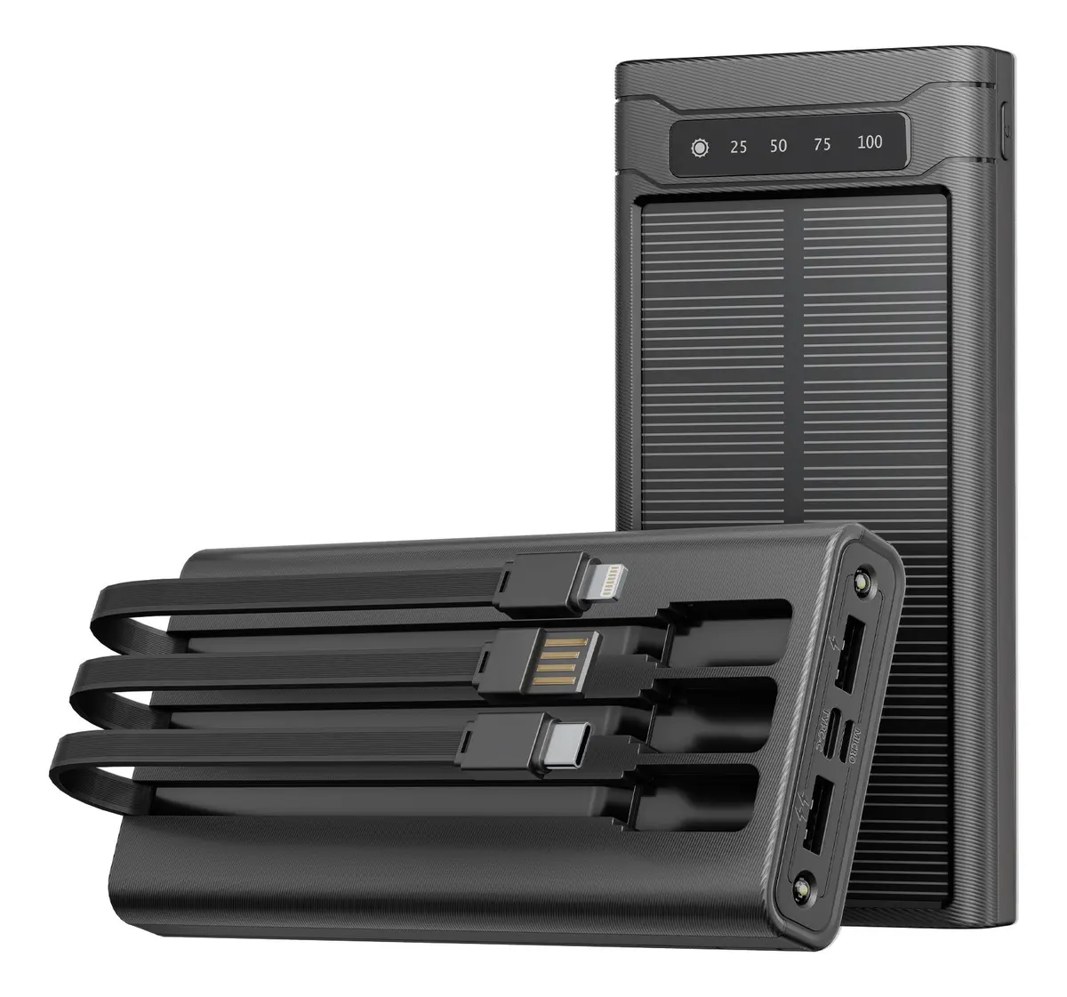 Belosin Power Bank Solar 30000mah Carga Rápida 4 Cables Integrados Negro Para iPhone Samsung Xiaomi Huawei Motorola Cubot