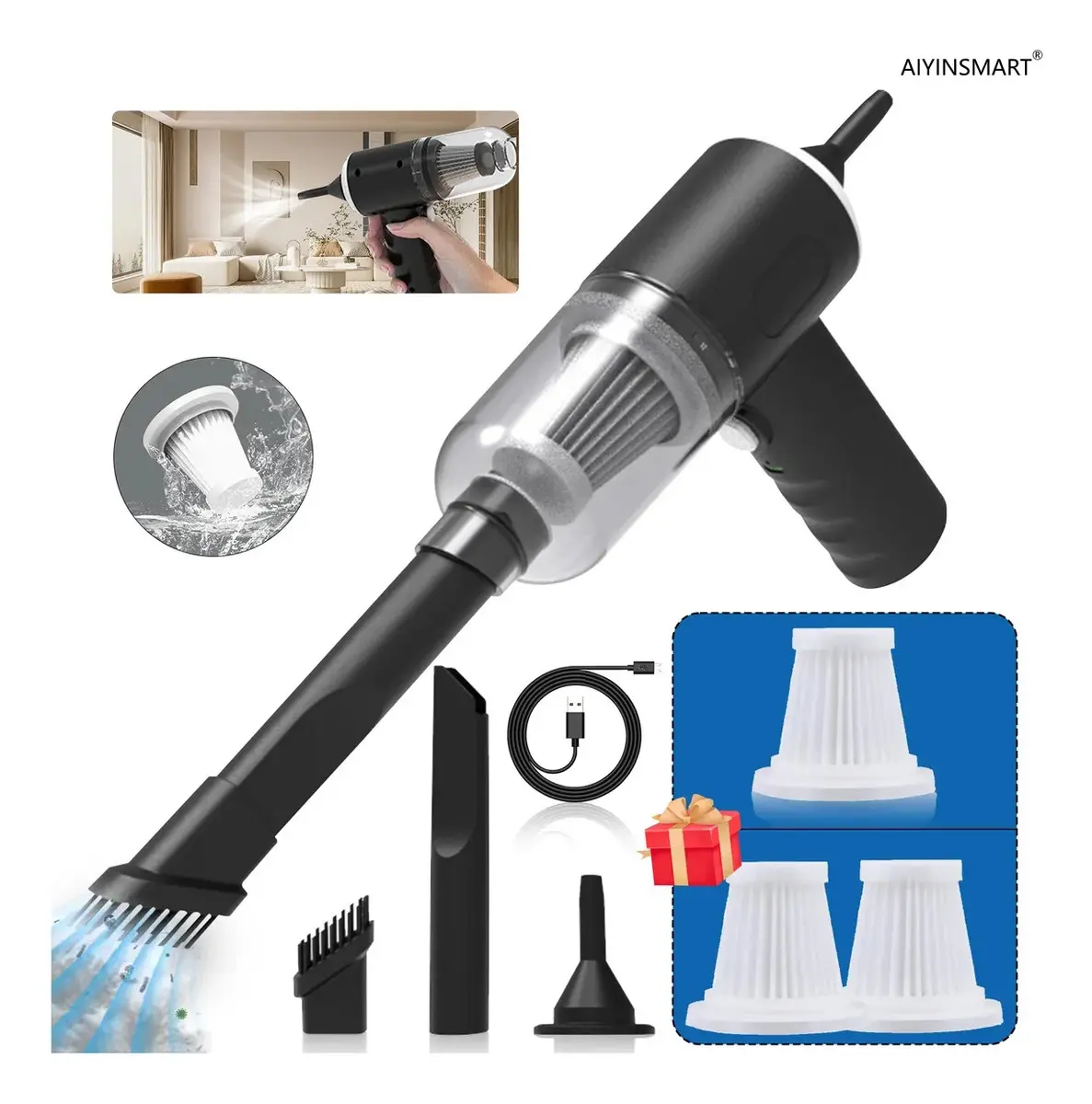 AIYINSMART Aspiradora Portátil Inalámbrica Compacta 4500PA 30min Negro