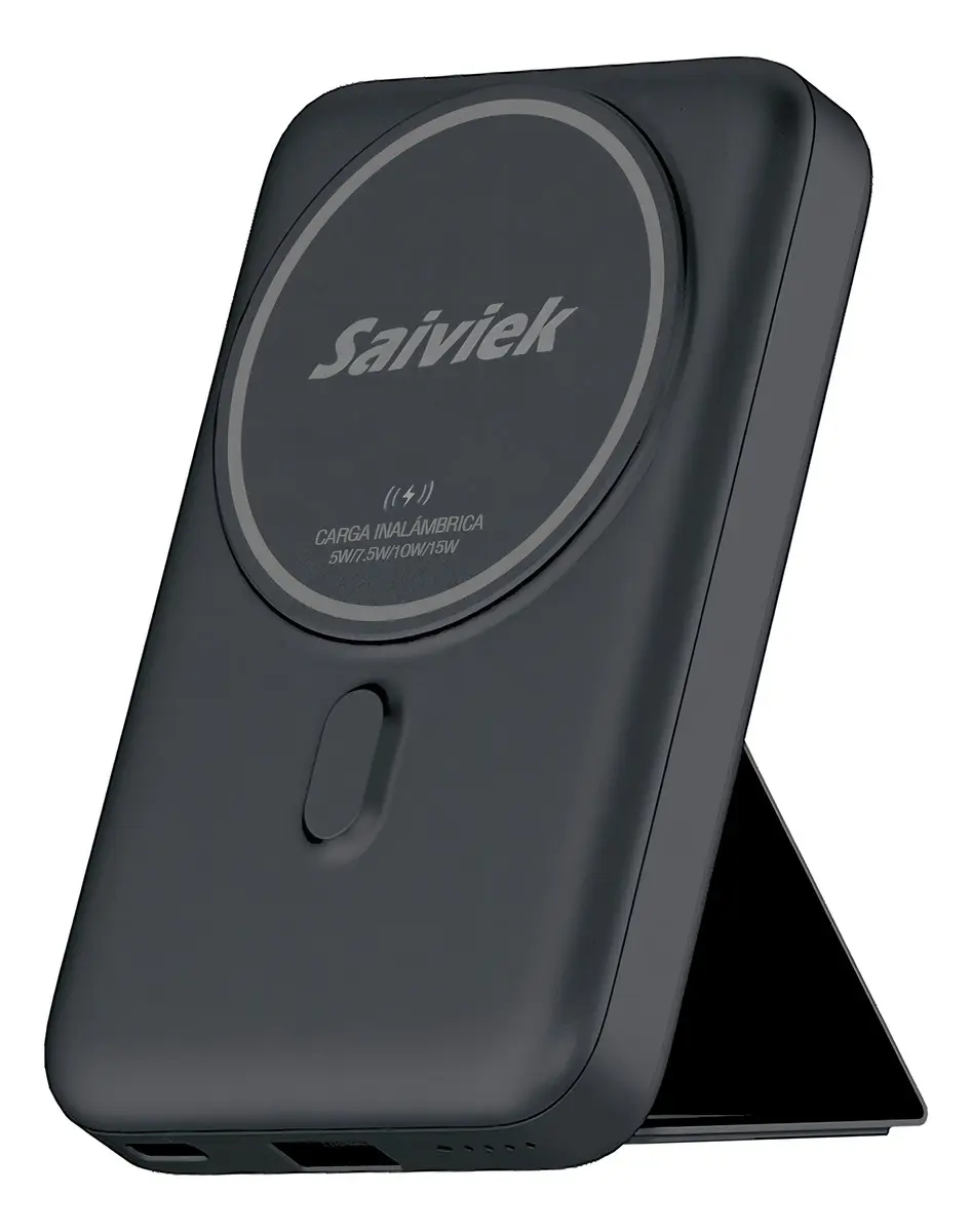 Power Bank Inalámbrico Magnético Saiviek S1033 de 10000 mAh, con 3 Salidas USB-A y USB-C, Carga Rápida y Soporte
