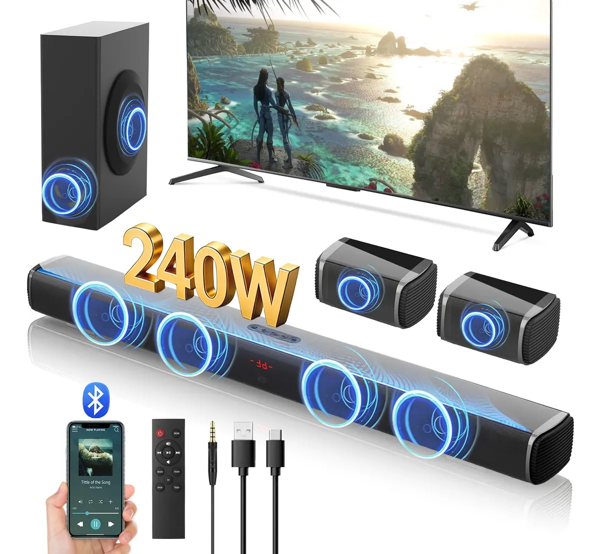 Sistema de cine en casa con barra de sonido y subwoofer de 240 W con Bluetooth