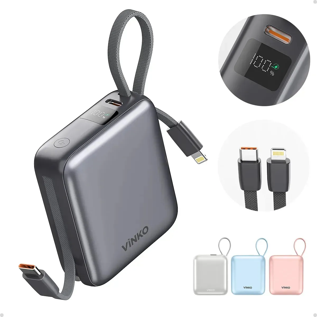 Power Bank Vinko 10000 mAh para Carga Rápida con Cables Integrados