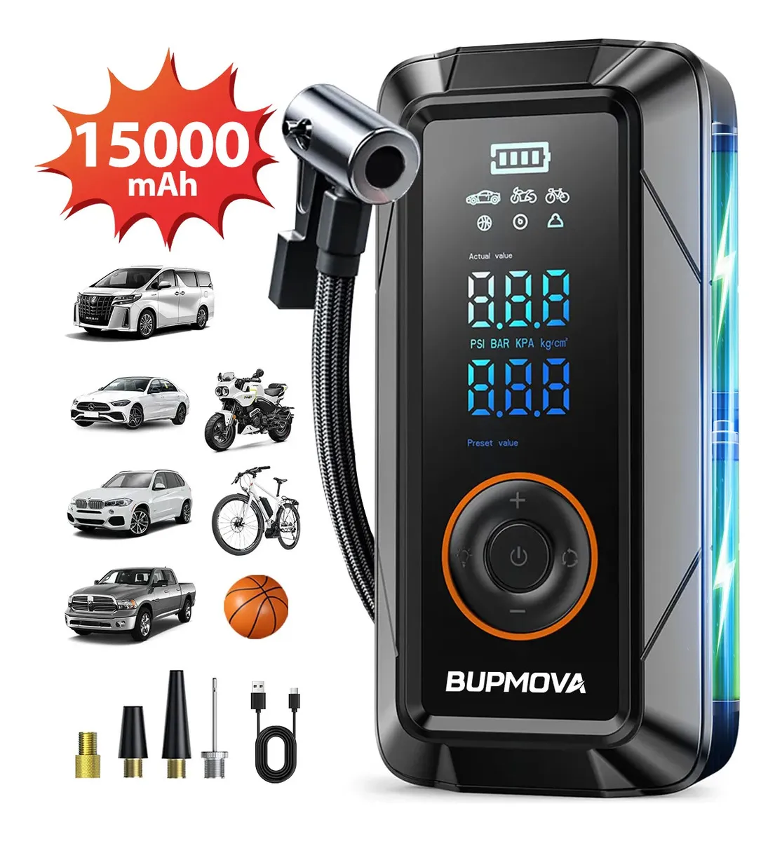 Compresor De Aire Eléctrica Inalámbrico 150psi, Bupmova Bomba Inflador De Llantas, Power Bank Recargable Portátil, Inflar Auto 5 Modos Con Led Luz Y Pantalla Para Auto, Motocicleta, Neumaticos