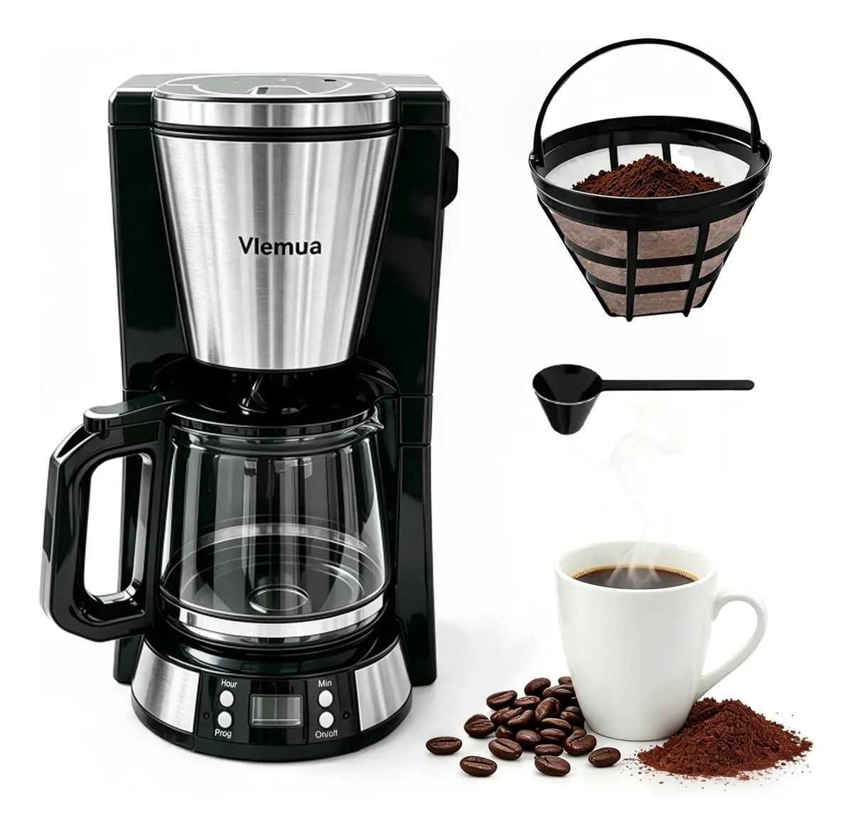 Cafetera Eléctrica De Goteo 10 Tazas, Programable, Filtro Permanente Lavable, Jarra De Vidrio Apta Para Lavavajillas, Función Mantener Calor, Ideal Para Hogar Y Oficina