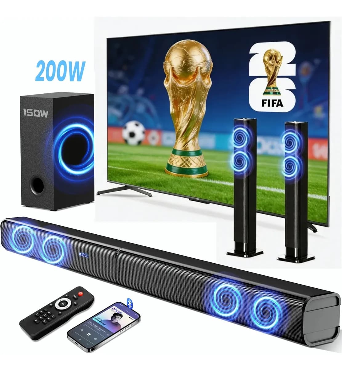 200w Barra De Sonido Con Subwoofer 1SOW Desmontable Home Theater, Teatro En Casa 2.1 Canles, Bluetooth 5.3 Soundbar Para Smart Tv Con Control Remoto Dolby Dts Bocina, AUX/HDMI(ARC)/USB/Optical/Coaxial