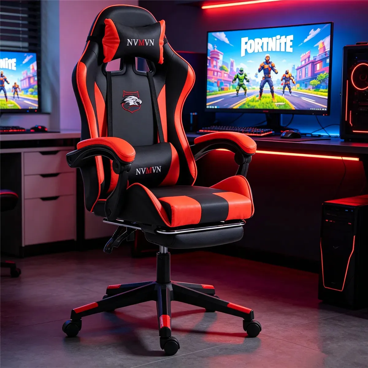 Silla de escritorio NVMVN DJY-055H 055-T gamer ergonómica roja con tapizado de cuero sintético