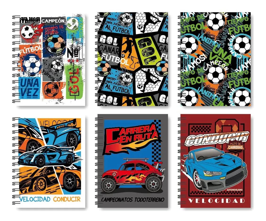 6 Cuaderno Cosido Tamaño Profesional Norma A4 100 Hojas Fútbol Y Carreras Automovilísticas