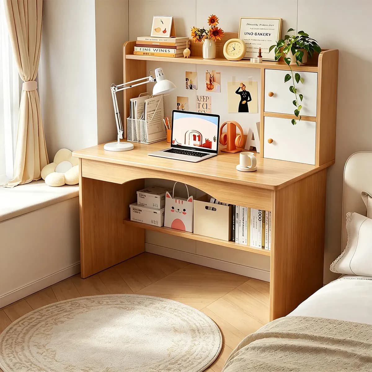 Escritorio De Oficina HEAIMO Con Librero 100x48x120cm Para Computadora Home Office Con Dos Gabinetes Cerrados Estantes Superiores Y Amplia Superficie De Trabajo