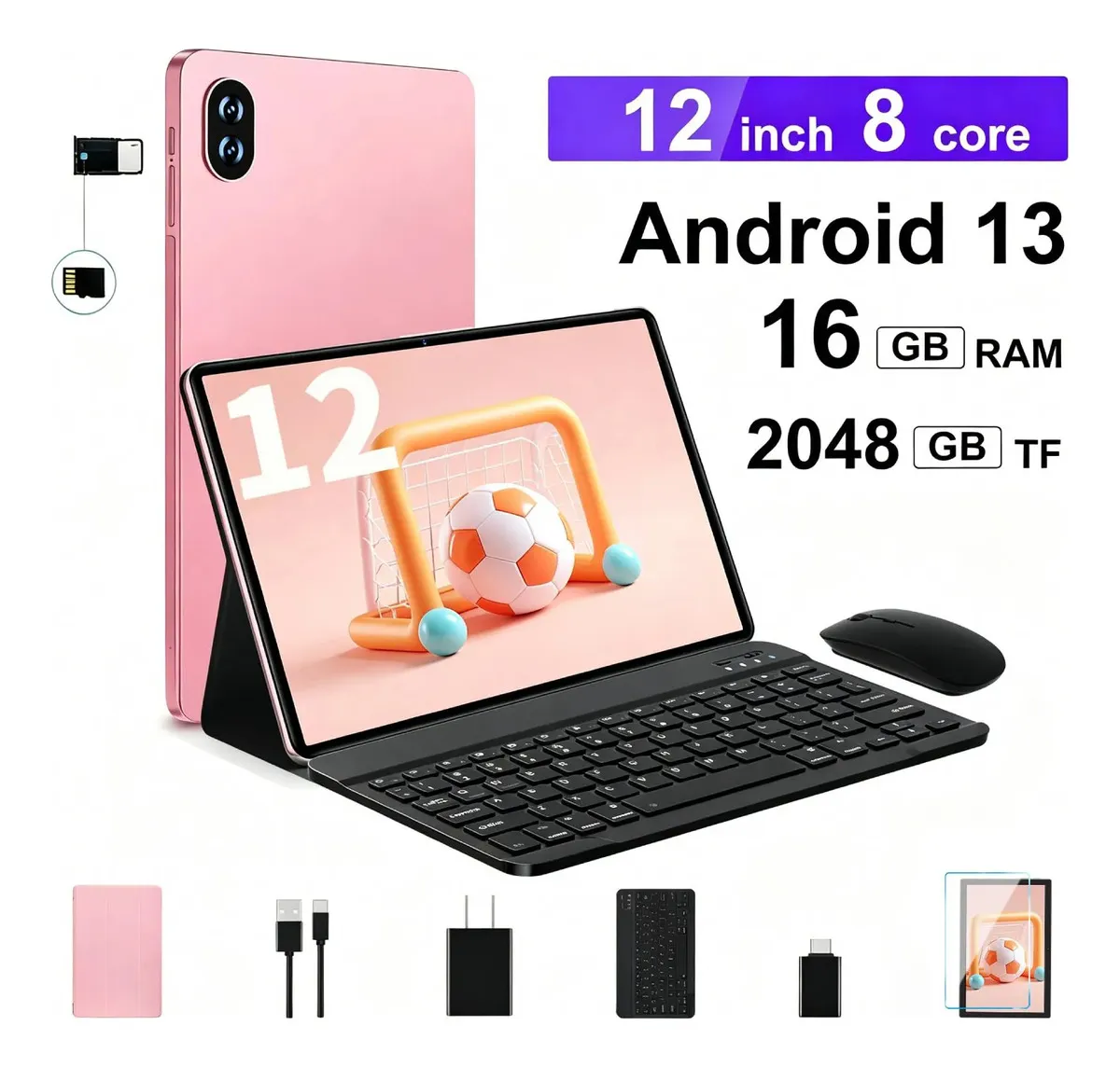 Tablet FHD 12'' 8000 Mah 16 Gb Ram+128 Gb /2tb Rom Android 13 Ips2k 5gwifi Octa-core Color Oro Rosa 13 Mp+8 Mp Wi-fi 5g Gemini Ai Incluye Teclado Y Ratón funda