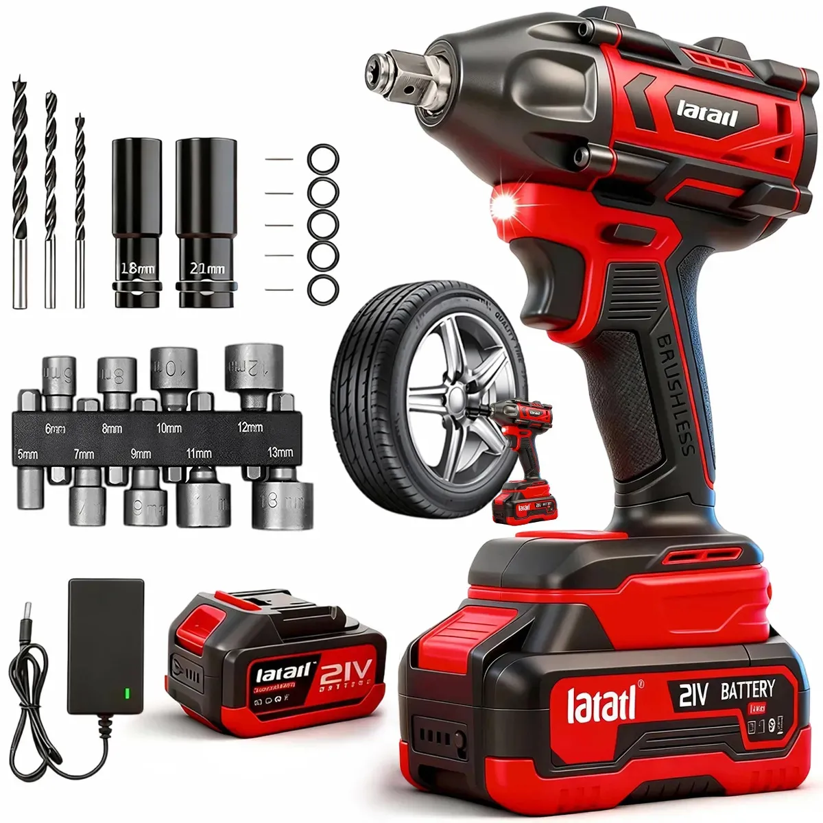 Llave de Impacto y Taladro Inalámbrica LATATL 21V con Motor Sin Escobillas Alto Torque