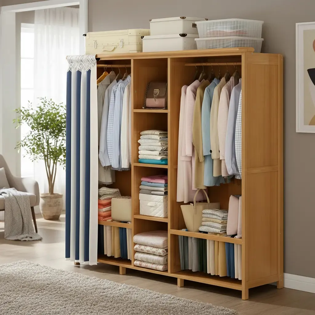 Closet Ropero Armable De Madera Bambú Con Tela Cortina170 Cm Rayas