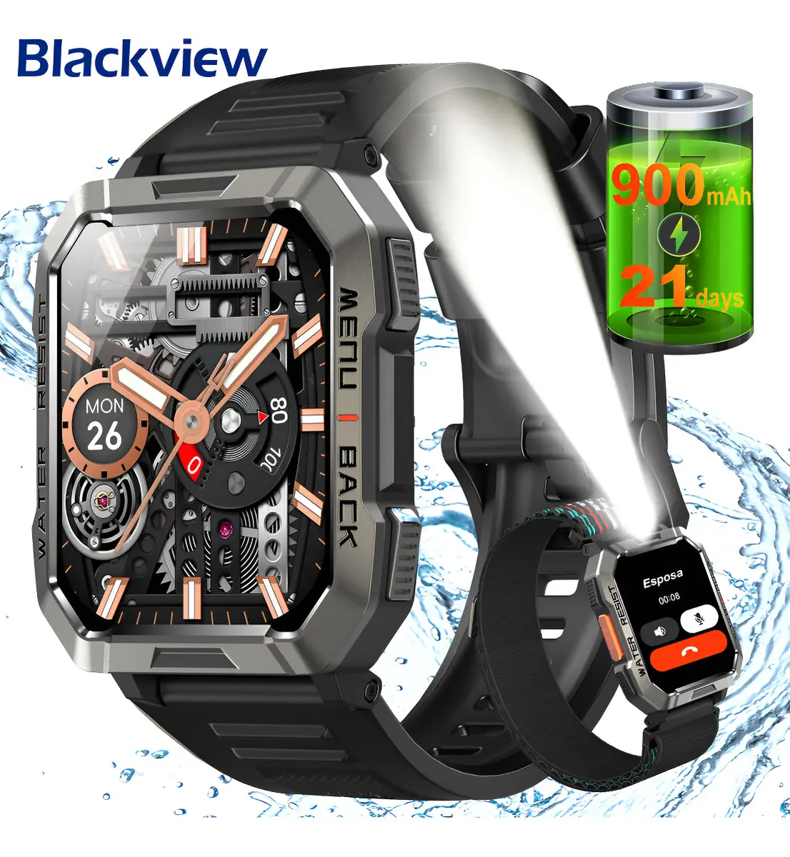 Reloj Inteligente Smartwatch Blackview W60 para Hombre Militar con Linterna y Brújula de 2.1" Llamada Larga Duración Batería de 900mAh Marco de Metal Smart Watch Hombre Bluetooth Resistente Al Agua