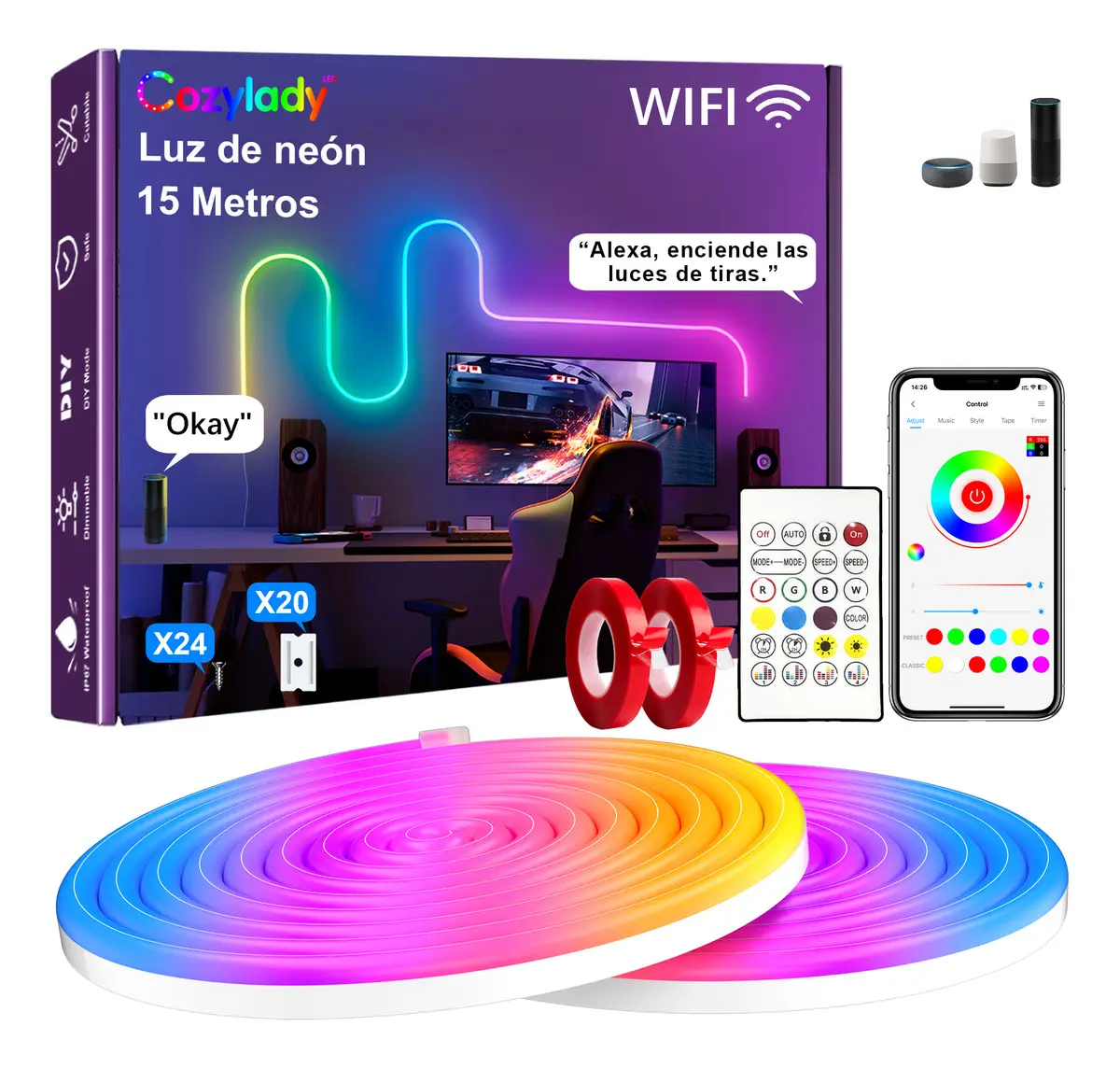 Cozylady Tiras De Luces Neon Led Flexible Rgb Wifi 15m Ip68 Impermeable Luz Led Para Cuarto Tv Sincronización De Música Diy