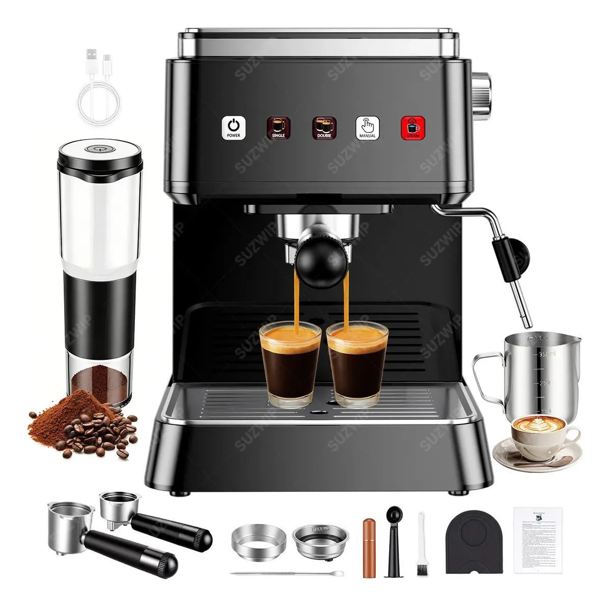 Cafetera Expreso Portátil SUZWIP con Molinillo de Café y Vaporizador de Leche