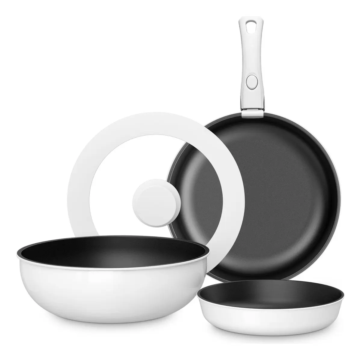 Juego de 5 piezas de utensilios de cocina antiadherentes (20/26/26 cm), con asas y tapas extraíbles, en colores blanco y negro