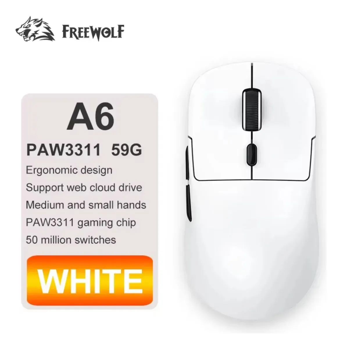 Mouse Gamer Inalámbrico Free Wolf A6, 3 Modos, 59g, RGB, 24000 DPI, Sensor PAW3311, Programable, Ratón Gamer Recargable USB-C, Negro, Blanco