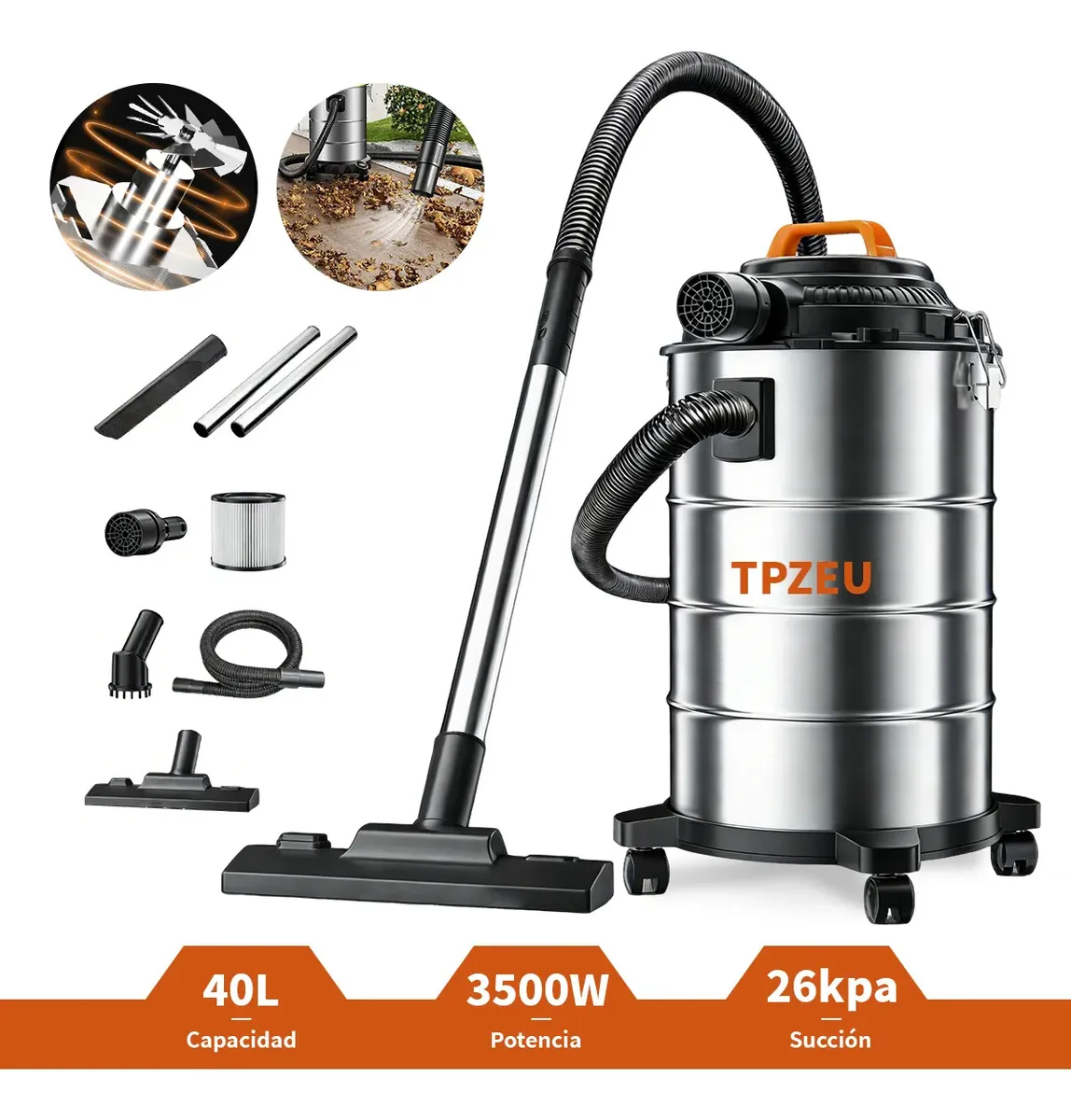 TPZEU Acero Inoxidable Aspiradora 3500W 40L 26kpa Accesorios Incluidos En Seco Y Húmedo Portátil Aspiradora Para Limpiar Alfombras Y Manchas Para Hogar Y Auto Y Oficina Aspiradora de Mano