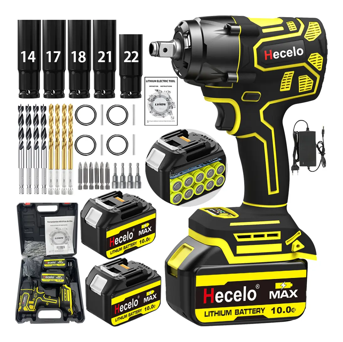 Hecelo Llave De Impacto 2 Batería 1/2 Inalámbrica Eléctrica 600n.m,Con 2*10 Cel Batería De Alta Capacidadl,Incluye Juego Completo De Accesorios,Motor brushless