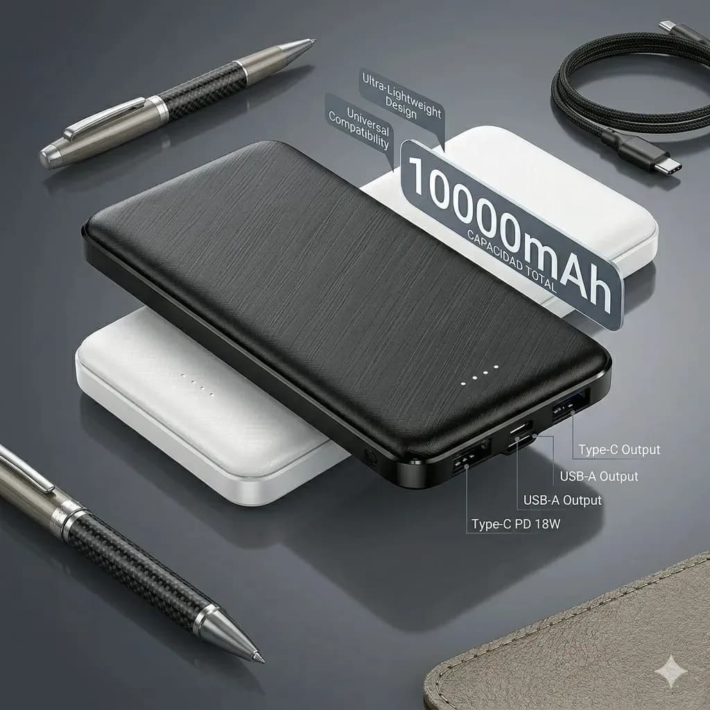 Power Bank Batería Portátil KISAMI de 10000mAh con Carga Rápida y 4 Puertos USB Compatible con iPhone y Android Negro