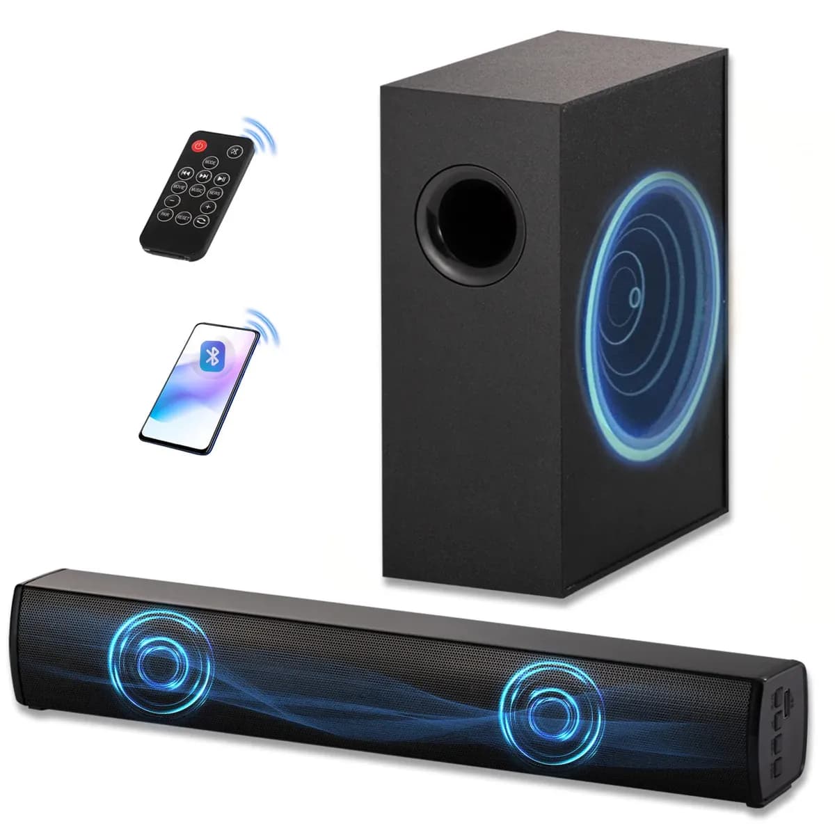 Barra De Sonido Con Subwoofer 120w Home Theater 2.1 Canales Teatro En Casa Con Bluetooth 5.4/HDMI-ARC/AUX/USB 3 EQ ModS Control Remoto