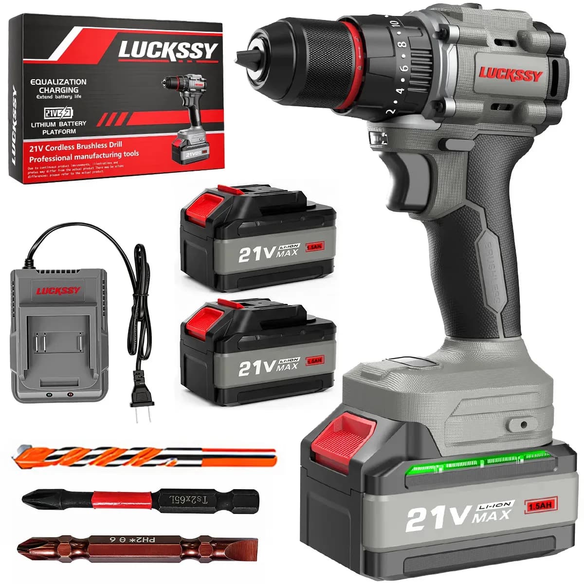 Taladro Atornillador Percutor Inalámbrico Luckssy 21v Sin Escobillas Con 2 Baterías Cargador Y Puntas