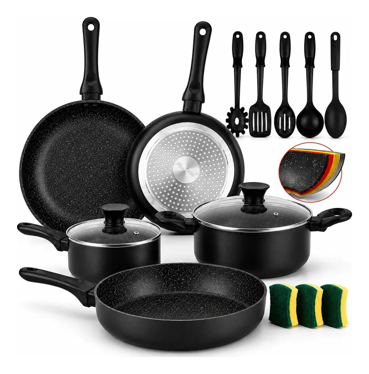 Batería de Cocina Ruomu Antiadherente de Aluminio, 15 Piezas Para Inducción y Gas