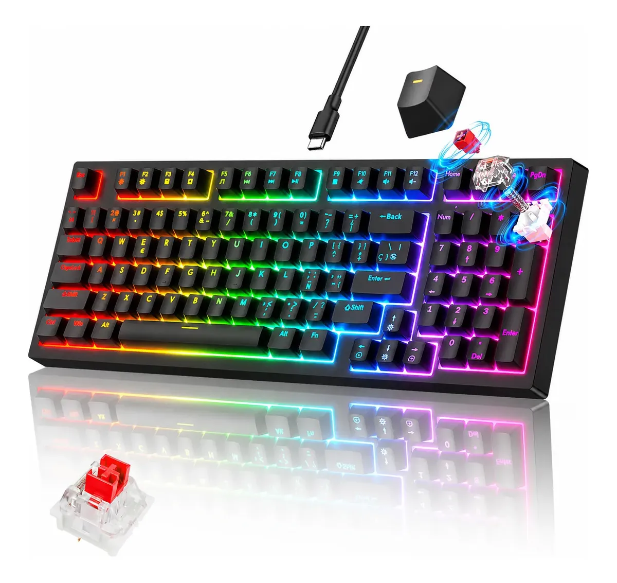 Teclado Mecanico Espanol 98 Teclas Alambrico, Ñ Teclado Numeric Gamer/pc Rgb Usb Con Cable Extraíble, Red Switch Y Hot Swap Keycaps, Teclado Mecanico Ergonomico Retroiluminado Para Computadora Negro