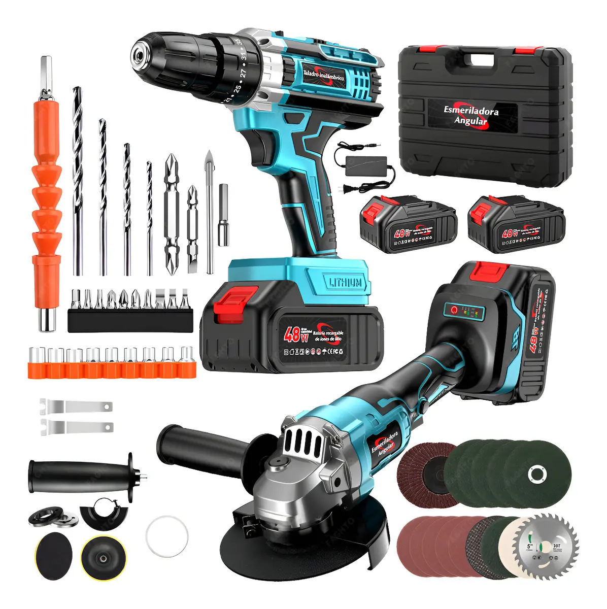 Esmeriladora Angular+taladro Inalámbrico Combo Faghto Con Accesorios , Herramienta De Corte & Taladro Sin Escobillas De 48v Con 2 Baterías De 6000 Mah,15000 Rpm Para Cortar, Esmerilar, Taladrar
