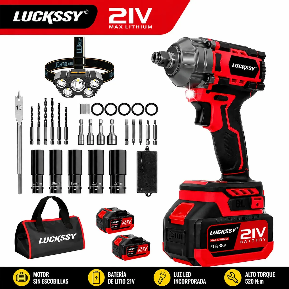 Llave de Impacto Inalámbrica Taladro Inalámbrico LUCKSSY de 1/2" Sin Escobillas, 520 Nm Con 2 Baterías y Accesorios