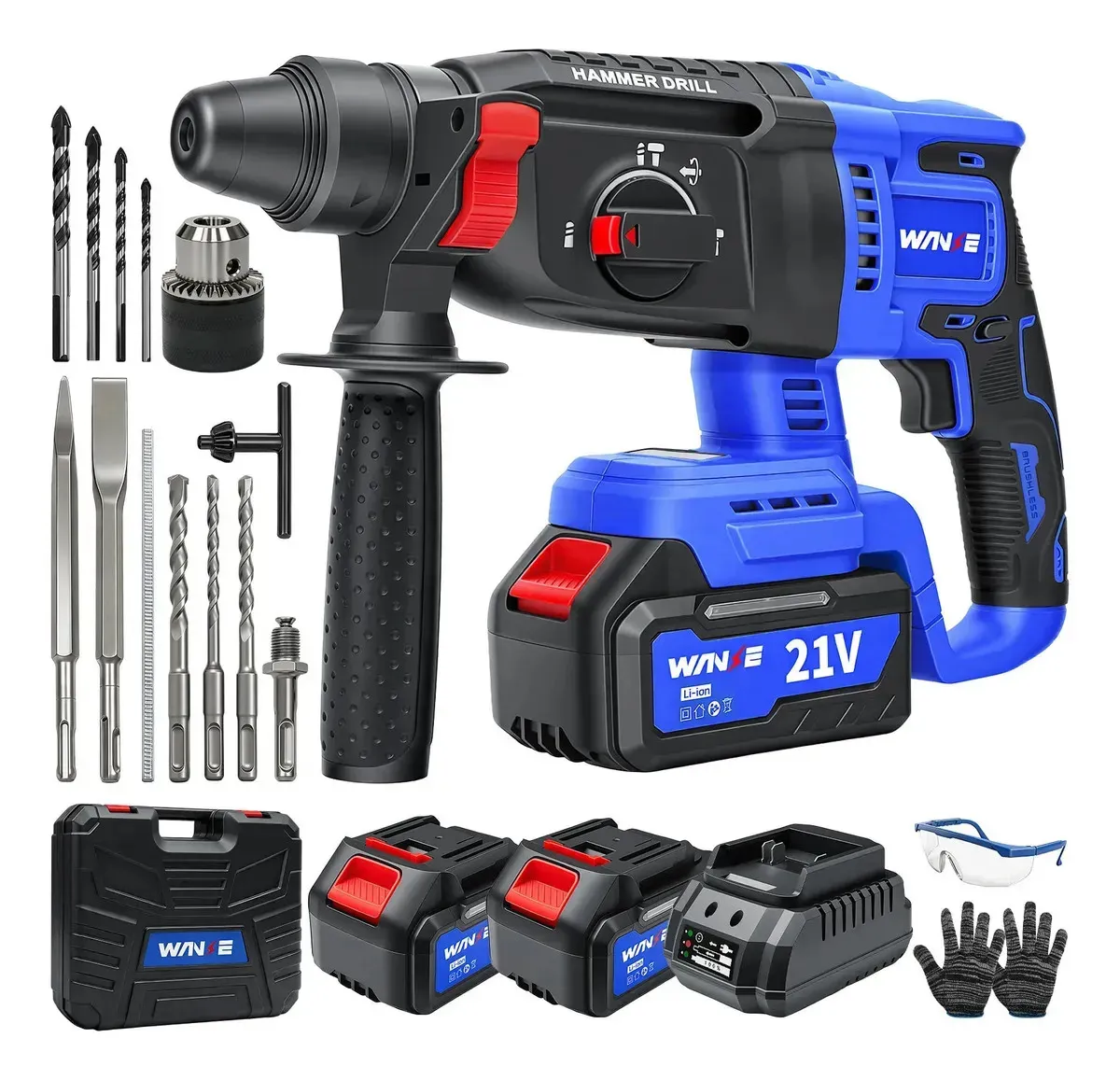 Taladro Rotomartillo Inalámbrico Wanse de 2500W con 2 Baterías de 21V y Set de Accesorios