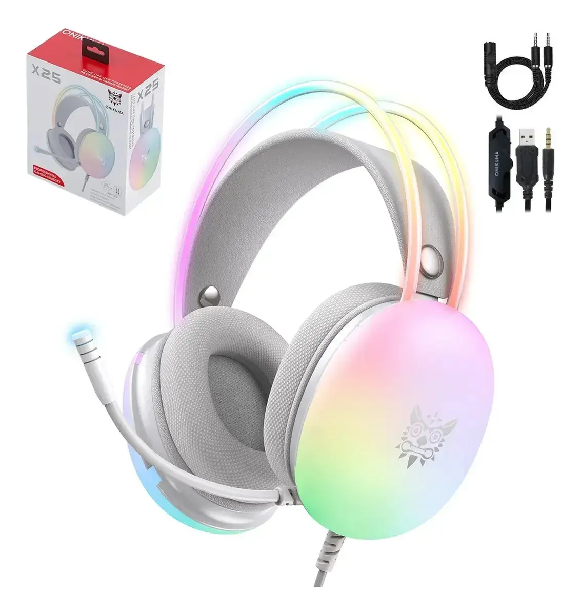 Audífonos gamer Onikuma Gamer X25 blanco con luz rgb LED para PC Xbox PS Teléfono móvil
