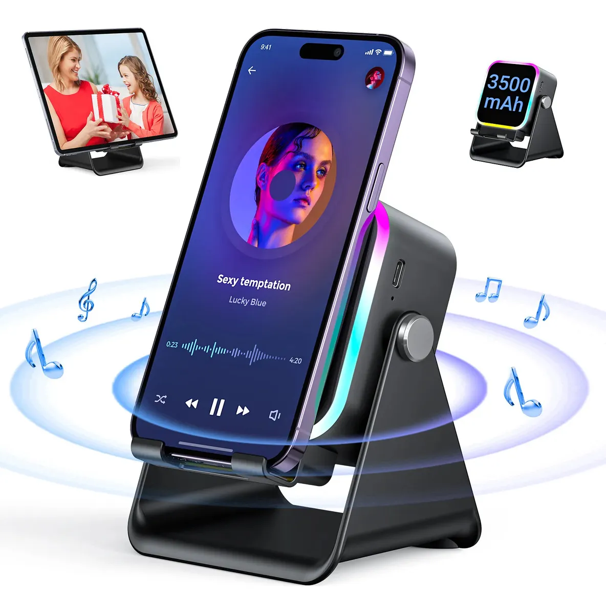 Altavoz Bluetooth 5 en 1 Con Soporte para Móvil, Batería Externa y Luces LED
