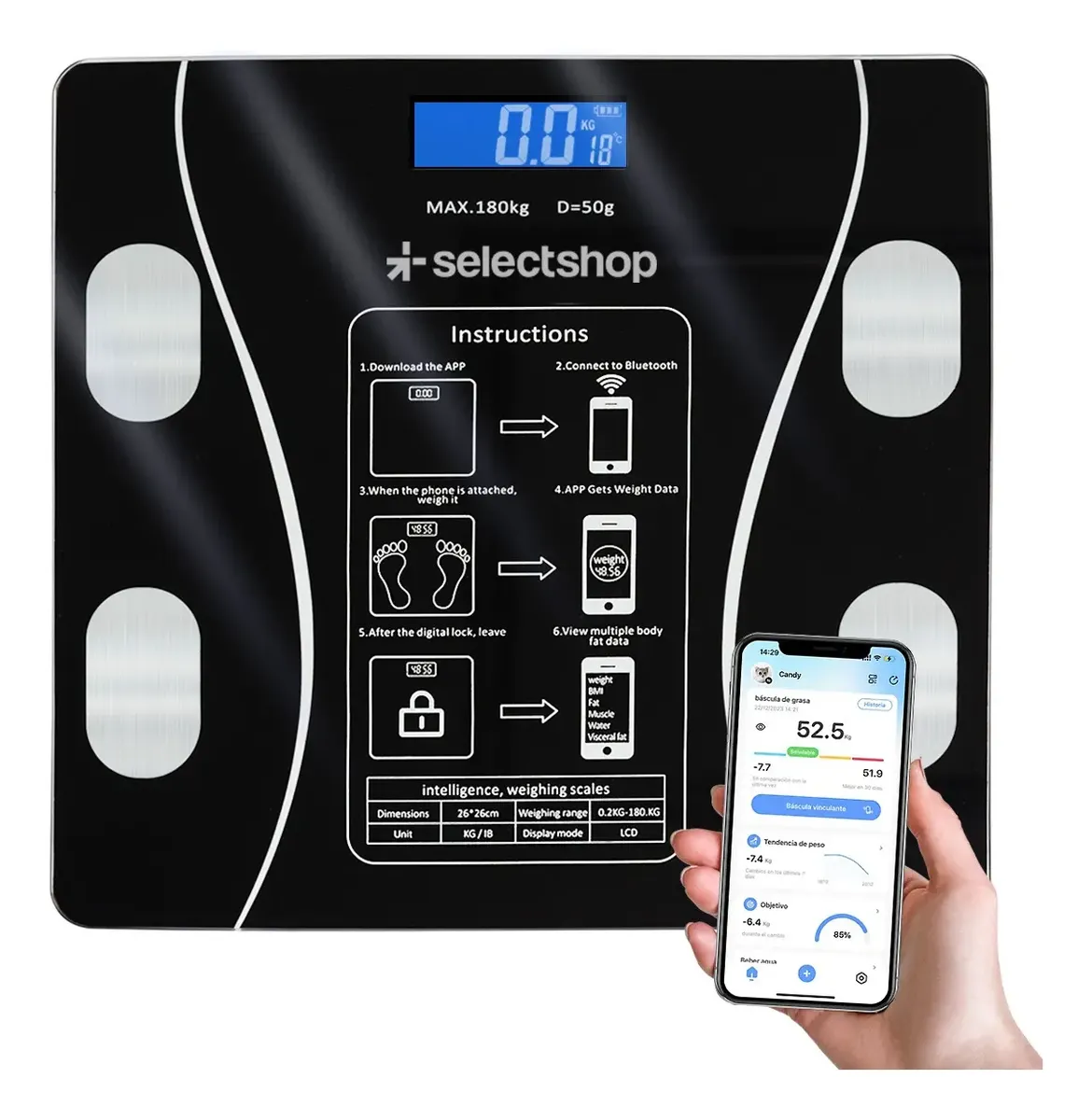 Bascula De Cuerpo Cuadrada Digital Bluetooth Hasta 180 Kg