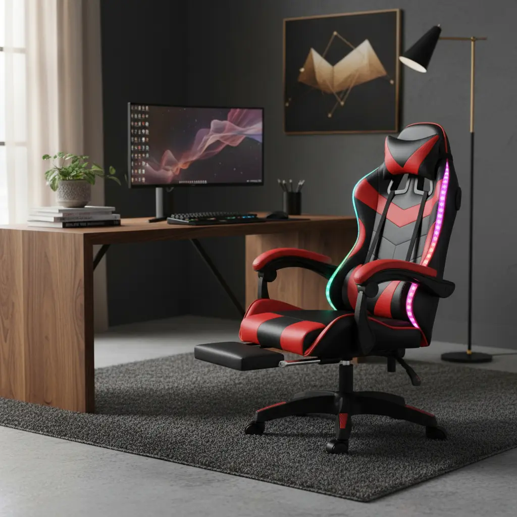Silla Gamer Con Bocinas Bluetooth Masaje Luces Premium Color Rojo Material Del Tapizado Cuero Pvc De Alta Calidad