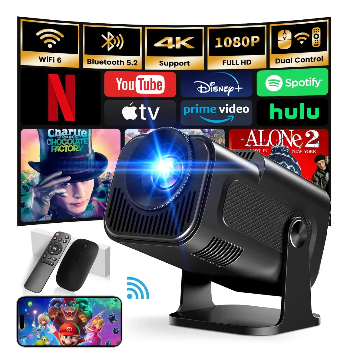 4k Proyector 2026 Mini y Portátil con Aplicaciones Integradas, Altavoz Hifi y 1080p Fhd Bajo Ruido Wifi 6 Bt 5.4 Corrección Automática de Distorsión Giratorio 270° Android 14 Proyector