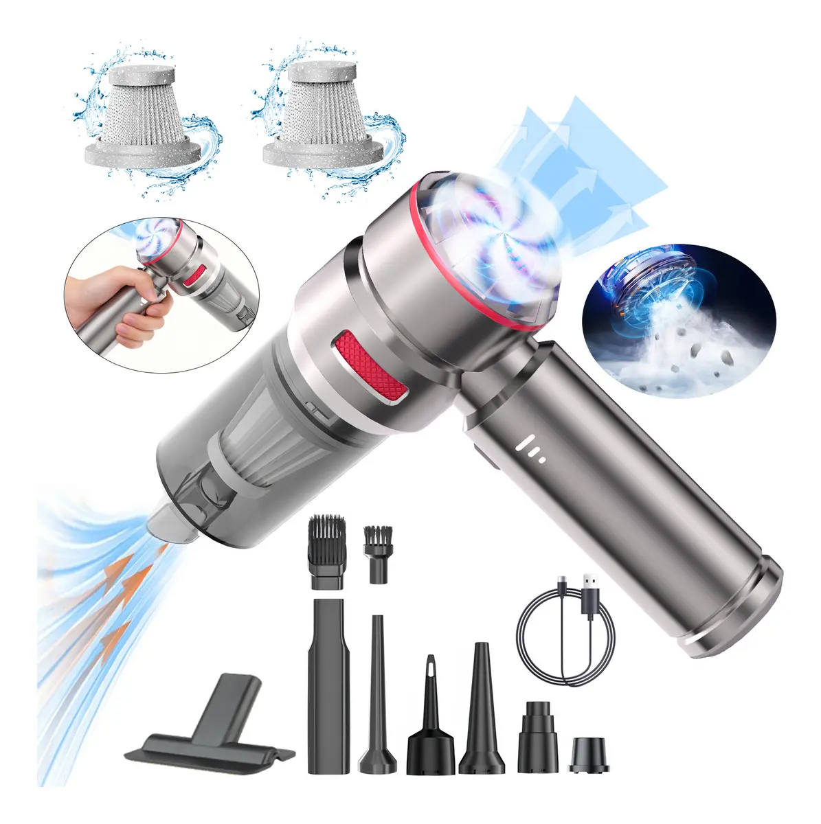 Aspiradora De Mano Inalámbrica Portátil 4 En 1, Aspiradora De Coche De Alta Velocidad De 90000 Rpm Con Potencia De Succión Y Soplado De 16000 Pa Y Kit De Limpieza Con Carga Usb.