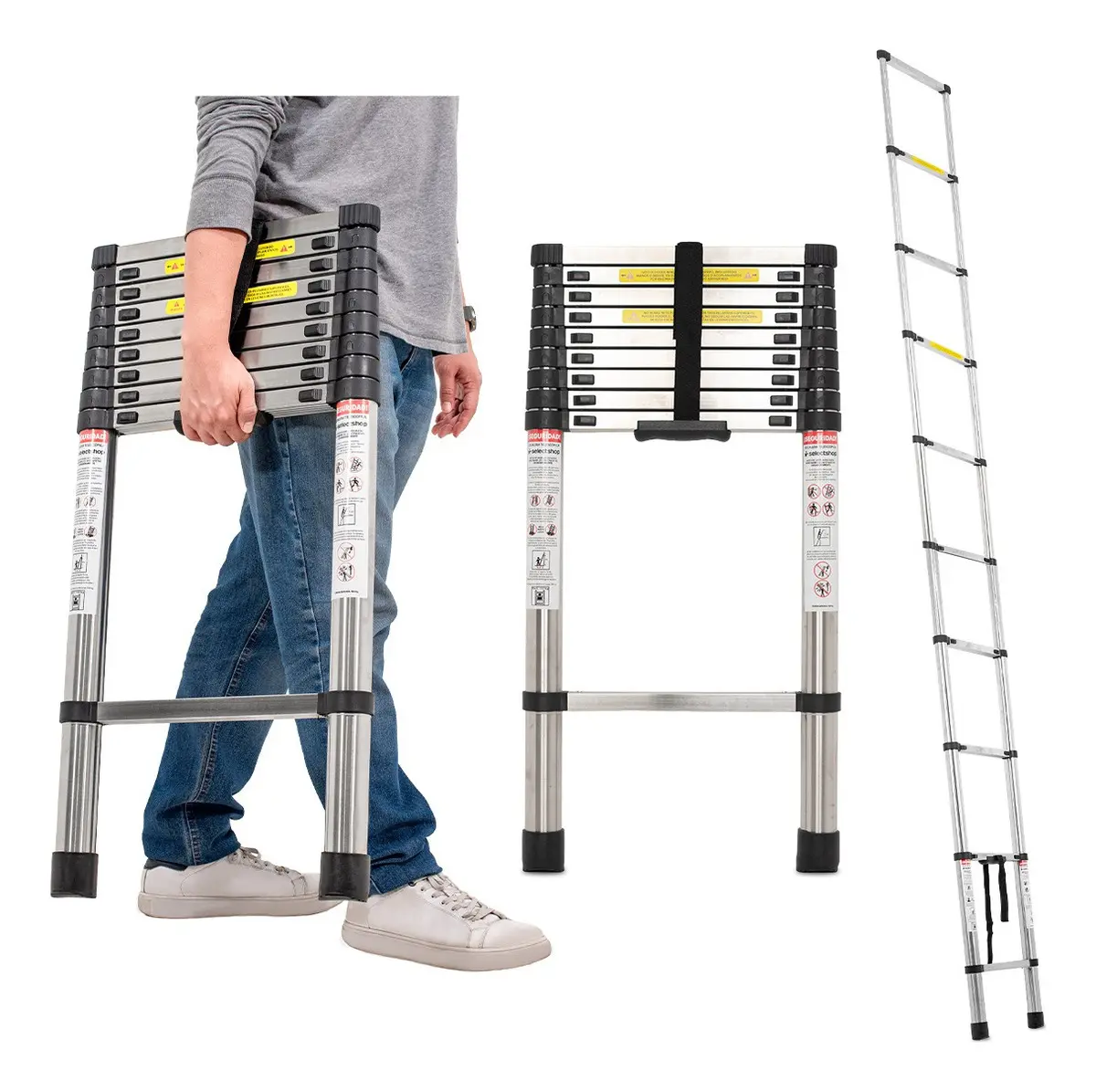 Escalera Telescópica Ajustable Retráctil Recta 3.8 Metros SelectShop HR4C5 Color Plateado