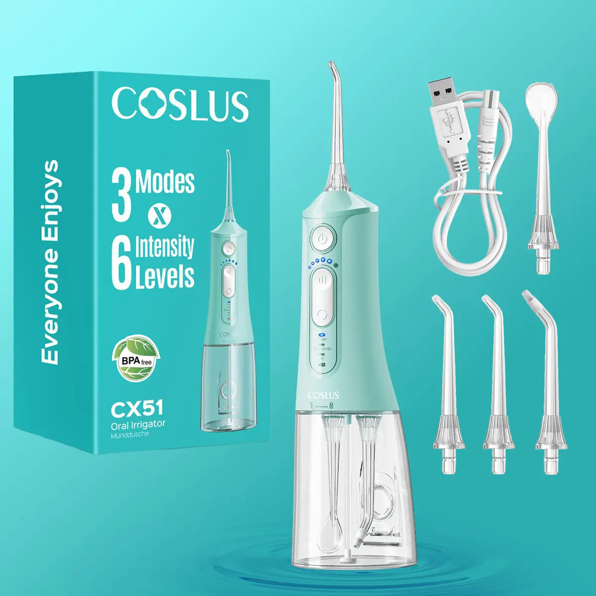 COSLUS Irrigador Bucal, Irrigador Dental, Limpiador Bucal -4 boquillas, 3 modos, 6 niveles, 18 modos ajustables, temporizador y modo Jet (el tanque de agua se puede plegar) Oral Care irrigador oral