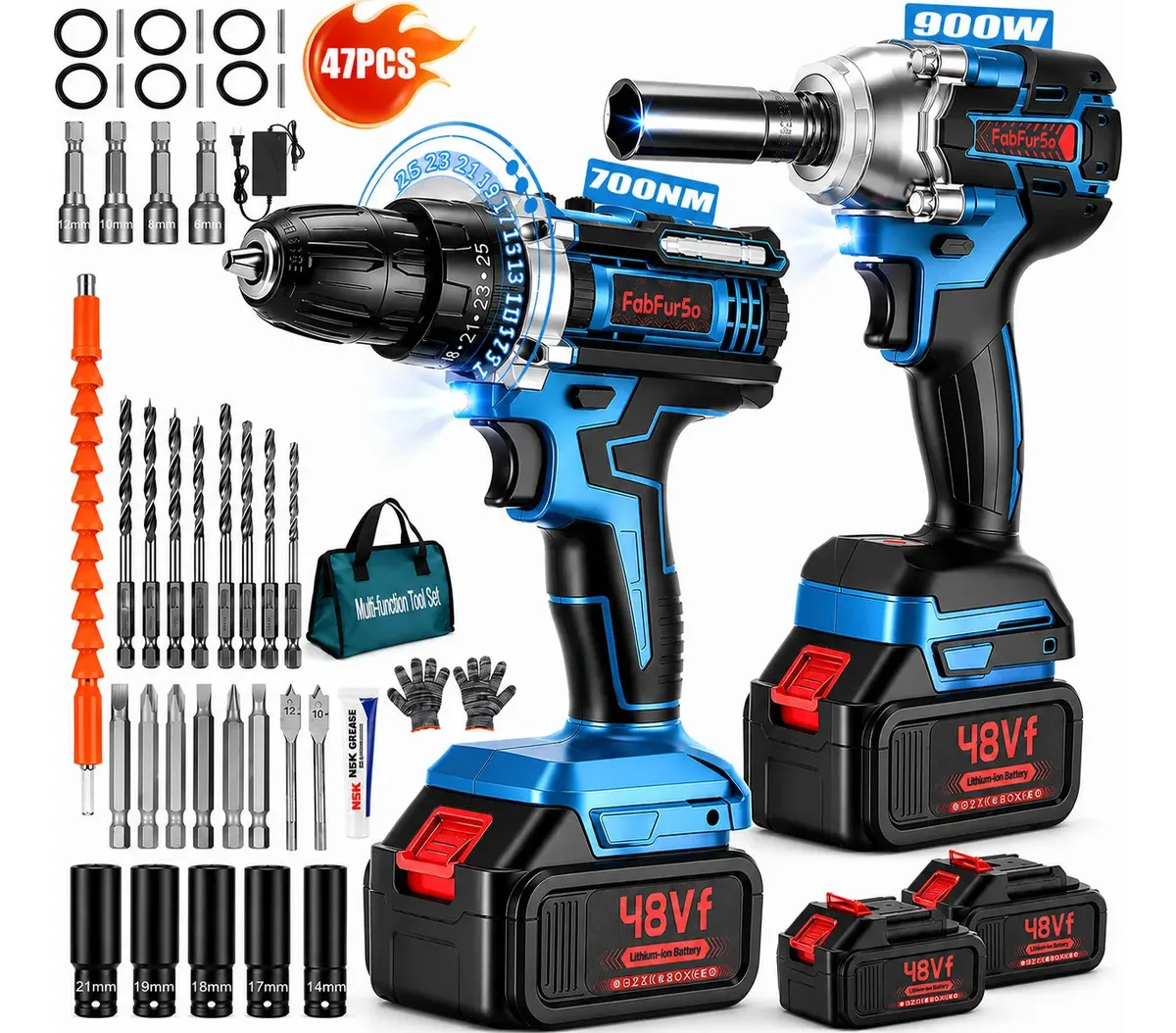 Taladro Inalambrico Y Llave De Impacto Electrica Sin Escobillas,Taladro rotomartillo,48V 2×10000mAH Baterías Y Luz Led 47 Pcs Pistola De Impacto Kit Destornilladores,Juego Herramientas Profesional