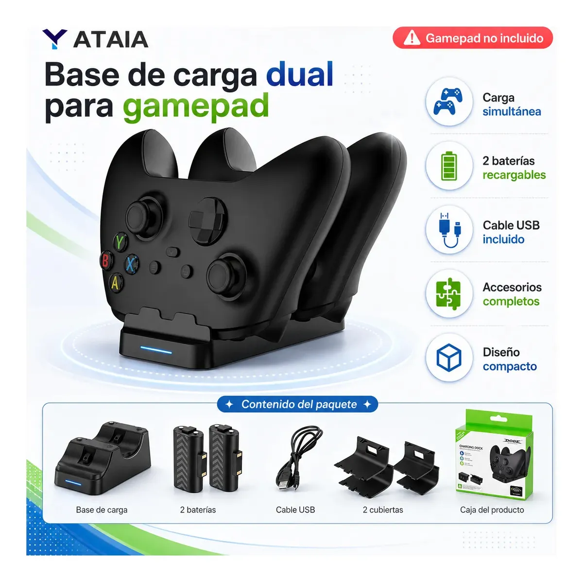 Yataia Kit Batería Recargable Para Mando Xbox One Series S/x 2x800mah, Estación De Carga Dual Tapa De Batería, Negro, Xbox Accesorios