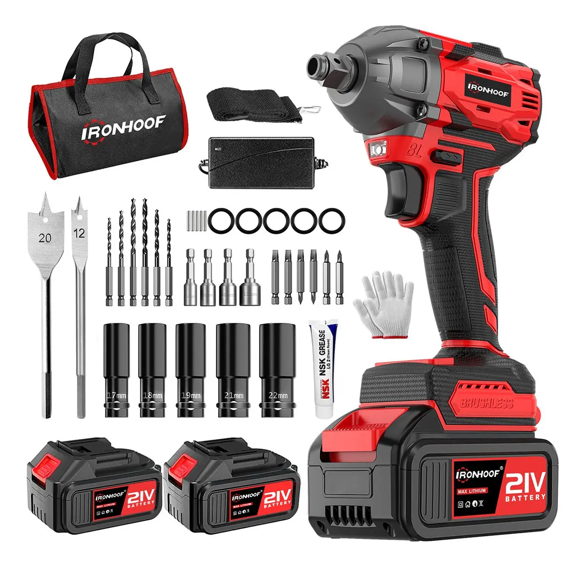 Llave De Impacto Inalámbrica Taladro Electrica Sin Escobillas 21V 1/2 520Nm 2 En 1 Ironhoof XMMXF128RB