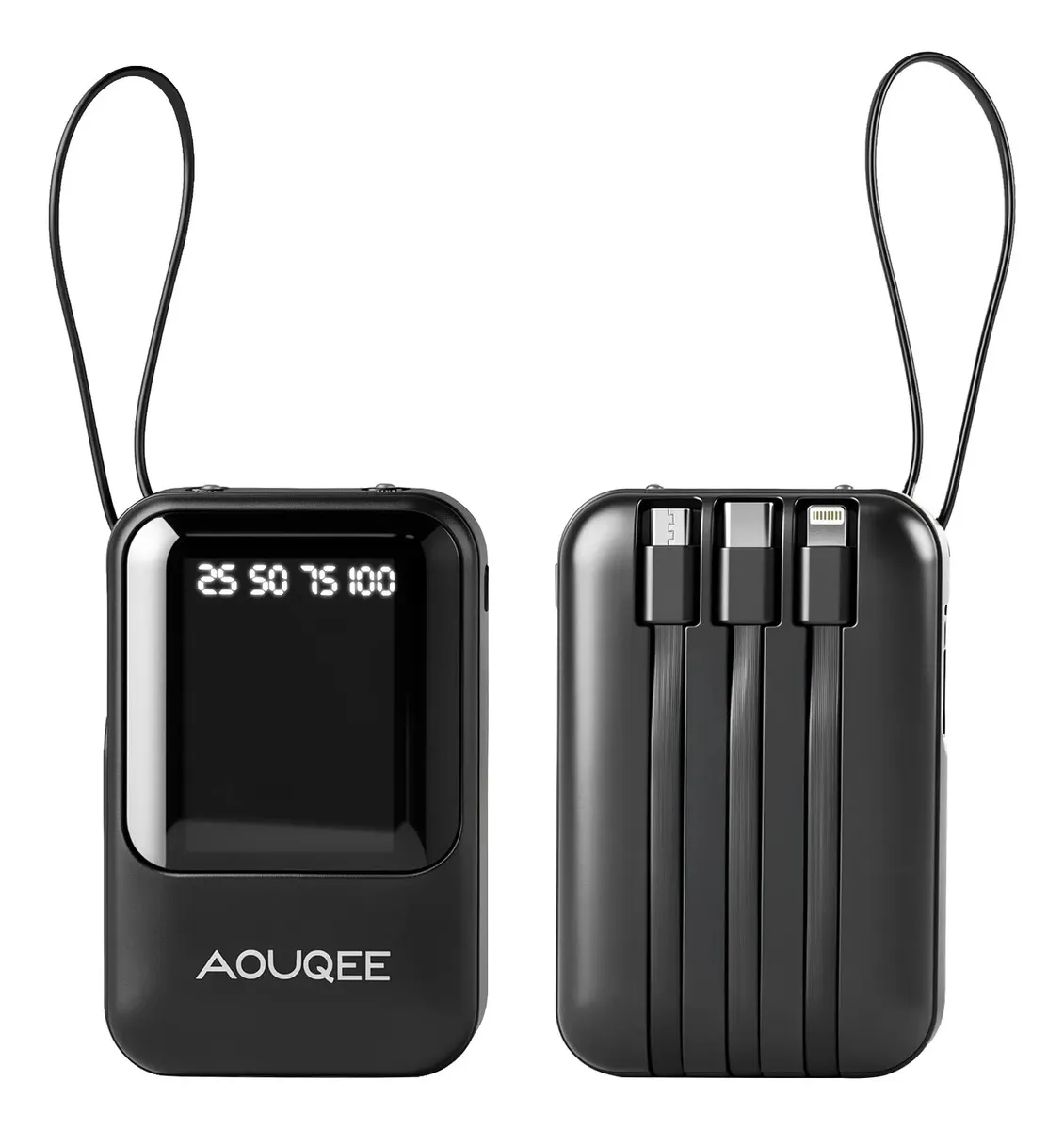 power bank 20000mAh Negro con linterna LED y 4 cables integrados bateria-recargable-celular compatible iPhone Android Tipo-C USB cargador-carga-rapida permite cargar hasta 5