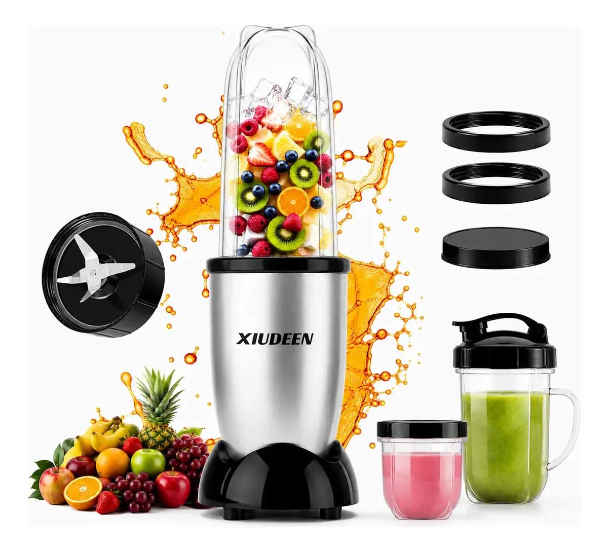 Licuadora Pequeña Portátil De 350w, Batidora Personal Para Batidos Con 3 Vasos De Plástico (540ml / 520ml / 340ml) XIUDEEN Color Plateado