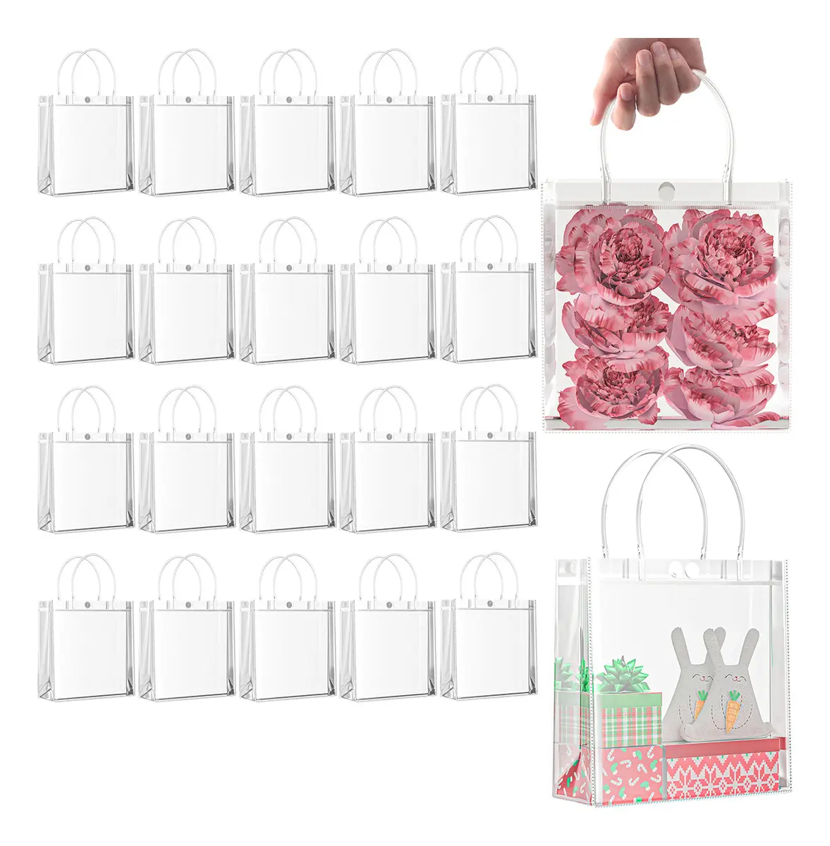 Pack de 20 Bolsas Transparentes de PVC con Asa para de 20x20x8 cm