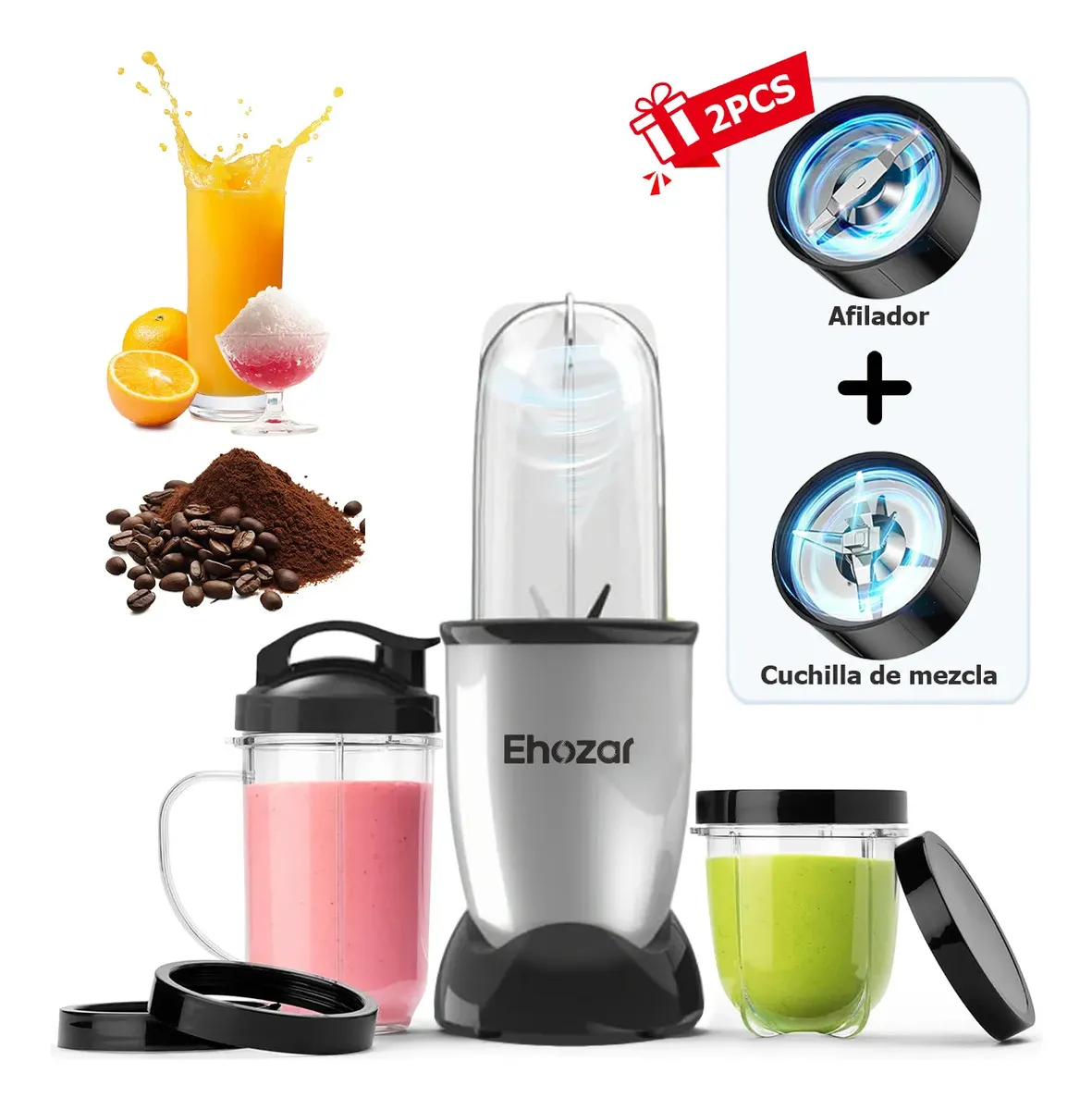 Licuadora Personal Multifuncional con Doble Cuchilla y 3 Vasos, Procesador de Alimentos y Molinillo de Café, Ehozar