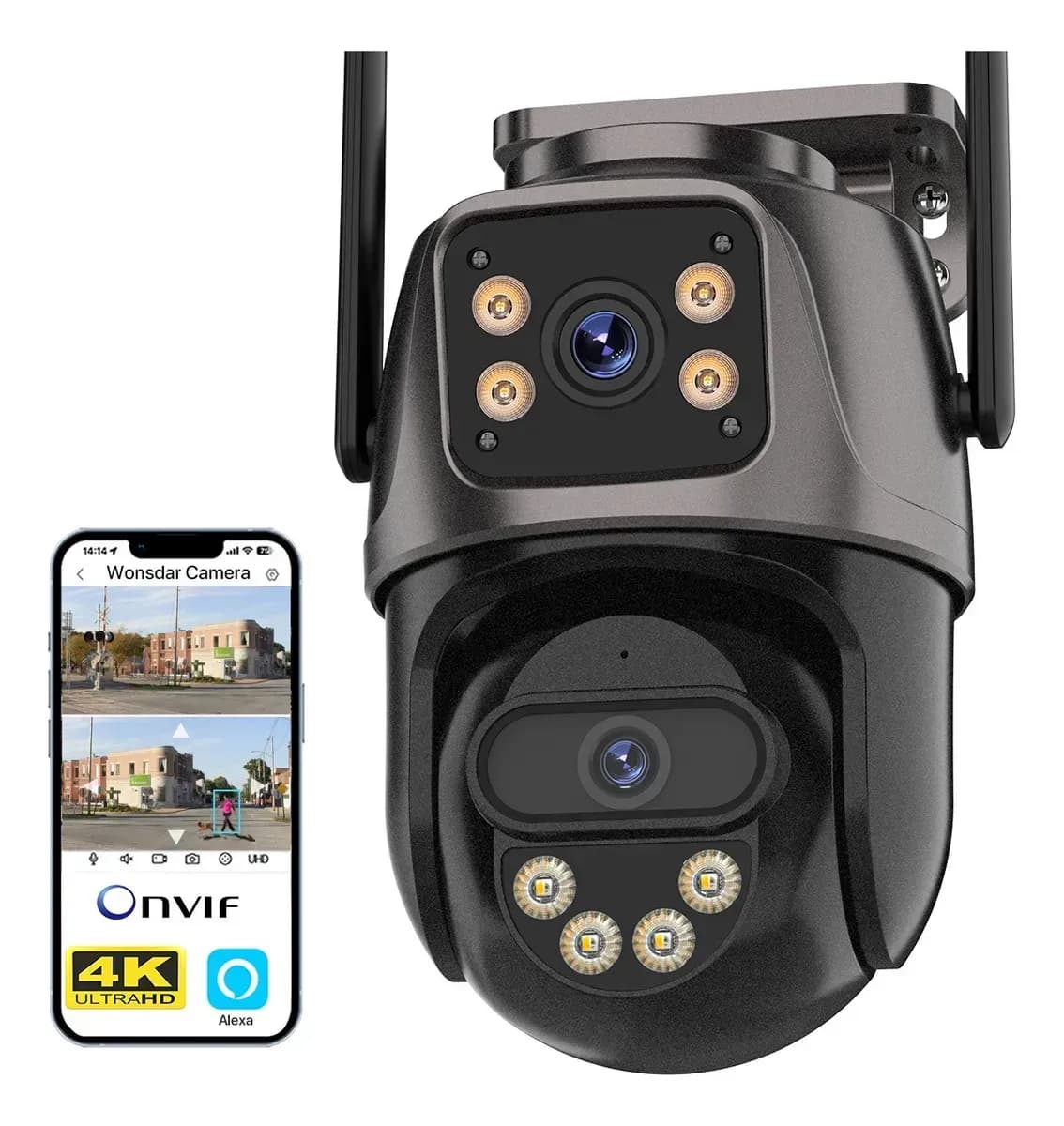 Wonsdar Cámara De Seguridad Exterior Wifi 8mp Doble Lente Color Gris Y Negro